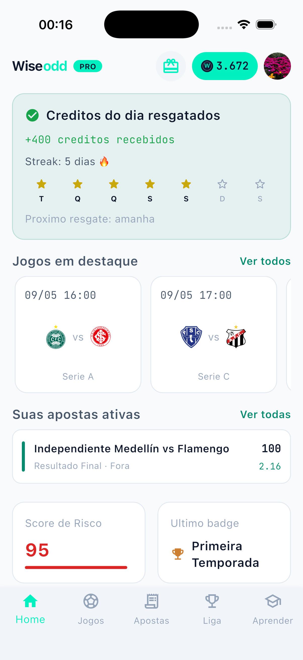 Tela inicial do app Wiseodd com créditos diários, jogos em destaque, apostas ativas e score de risco